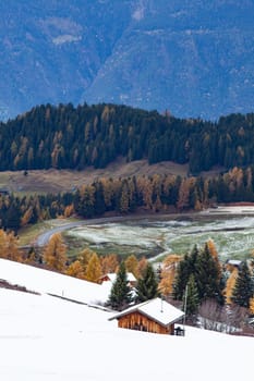 snowy early winter landscape in Alpe di Siusi.  Dolomites,  Italy - winter holidays destination