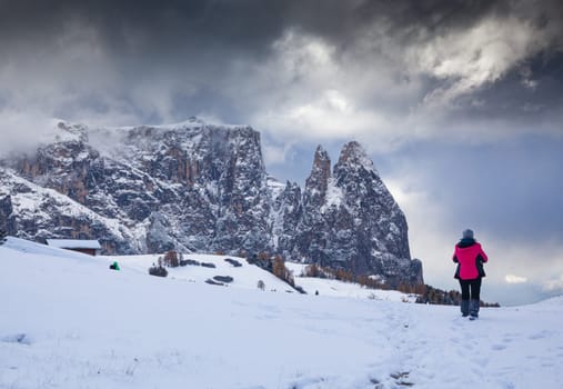 snowy early winter landscape in Alpe di Siusi.  Dolomites,  Italy - winter holidays destination