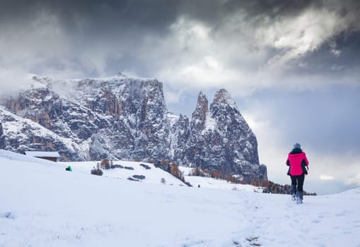 snowy early winter landscape in Alpe di Siusi.  Dolomites,  Italy - winter holidays destination