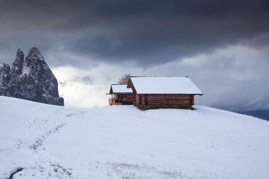 snowy early winter landscape in Alpe di Siusi.  Dolomites,  Italy - winter holidays destination
