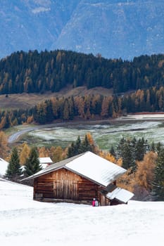snowy early winter landscape in Alpe di Siusi.  Dolomites,  Italy - winter holidays destination