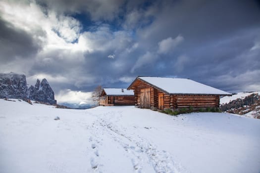 snowy early winter landscape in Alpe di Siusi.  Dolomites,  Italy - winter holidays destination