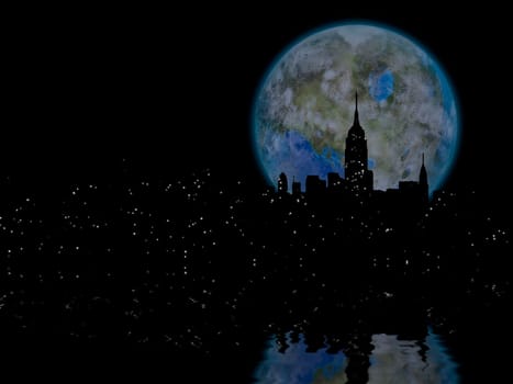 Terraformed moon over night city. 3D rendering