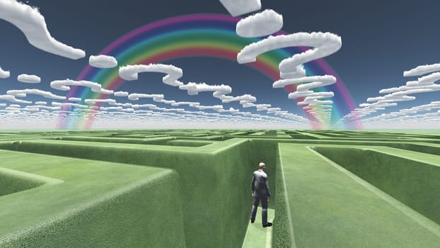 Man in maze with question mark shaped clouds