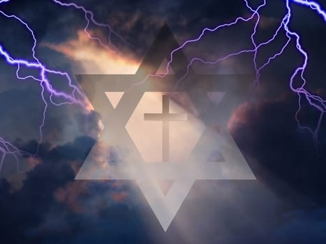 Cross inside Star of David Stormy Sky