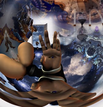 Hallucinogenic abstract. Faceless man with eye on his palm. 3D rendering