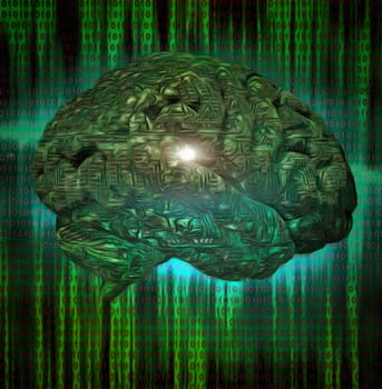 Modern art. Human brain with circuit board pattern. Background from binary code.