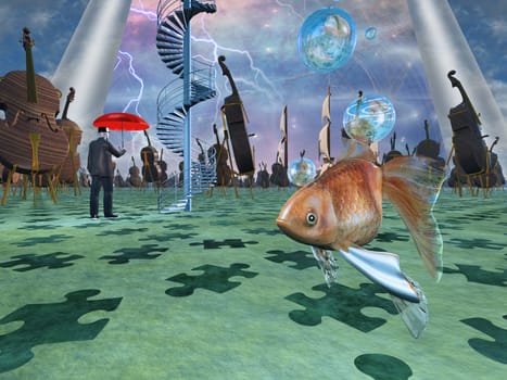Surreal scene with various elements