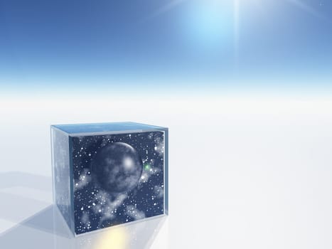 Black planet and space contained in glass box