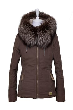Woman clothes. Stylish brown female winter jacket with fur hood on mannequin isolated on a white background. Winter fashion.