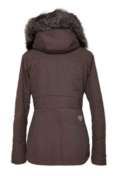Woman clothes. Stylish brown female winter jacket with fur hood on mannequin isolated on a white background. Winter fashion. Back view.