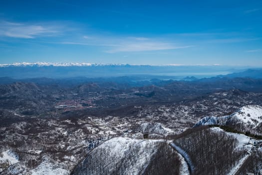 Lovcen National Park, Montenegro - April 2018 : Stunning mountain winter landscape panorama as seen from the top of Mount Lovcen