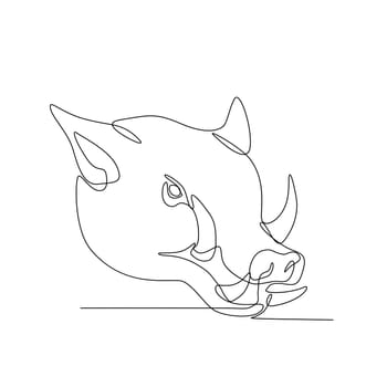 Continuous line illustration of a wild pig, hog, boar or razorback head viewed from side done in black and white monoline style.