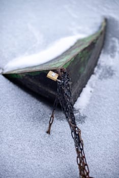 Boat frozen in ice at winter