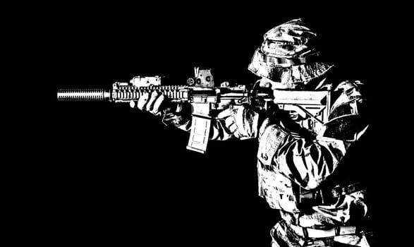 Bearded Special forces United States in Camouflage Uniforms studio shot half length black background, backlit. He is shooting killing enemy, pointing the rifle