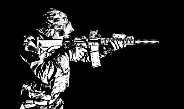 Bearded Special forces United States in Camouflage Uniforms studio shot half length black background, backlit. He is shooting killing enemy, pointing the rifle