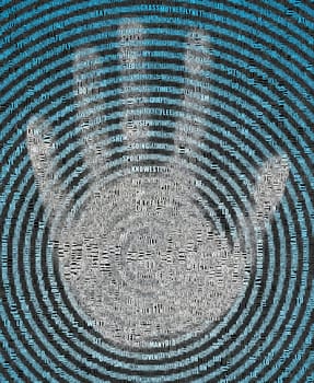 Palm on concentric circles. Image composed entirely of text, words