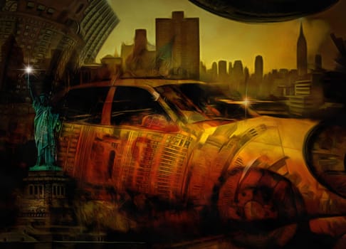 Surreal painting. New York's cityscape. Liberty statue. Yellow cab.