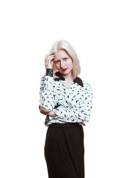 portrait blonde albino girl in studio on white background.
