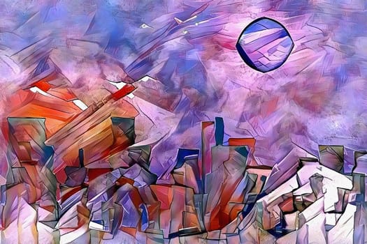 Colorful abstract painting. Fairy mountains under mystic moon