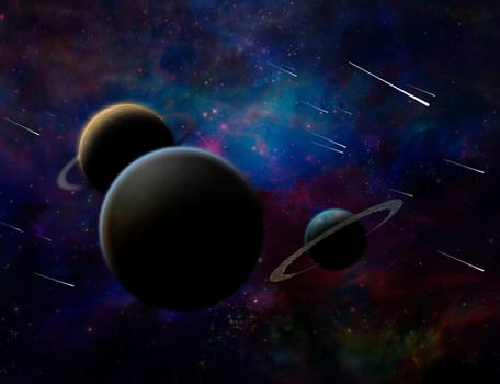 Exosolar planets and meteor shower. 3D rendering.