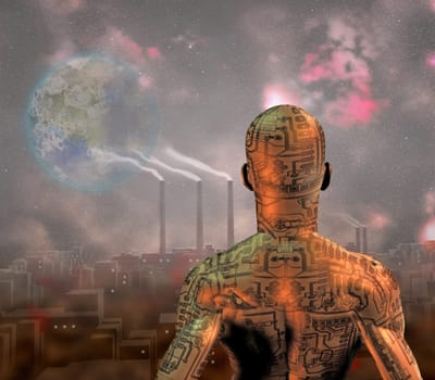 Android before smog filled city with tearraformed moon in sky