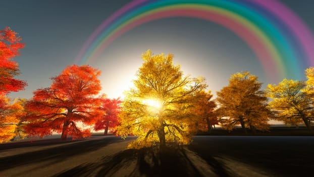 Rainbow over autumn trees