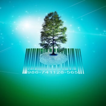 Surrealism. Green tree on fingerprint and bar-code.
