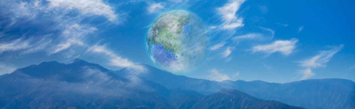 Mountain Vista. Terraformed moon seen from the Earth. 3D rendering