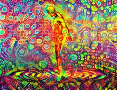 Cyborg man figure in colorful abstract space