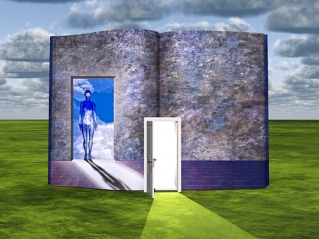Surrealism. Book with opened door and figure of woman in doorway.