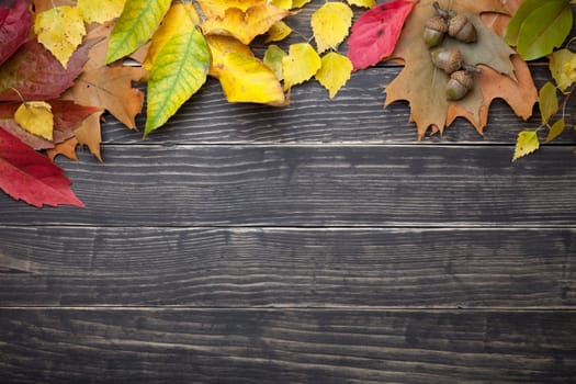 Autumn leaves and acorns on wooden table. Copy space. Top view