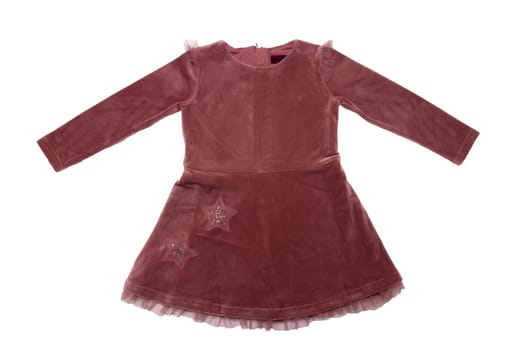 Clothes for children. A beautiful maroon velvet dress with lace for girl isolated on a white background. Children fashion.