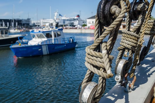 Rigging on the deck of an old sailing ship, close-up