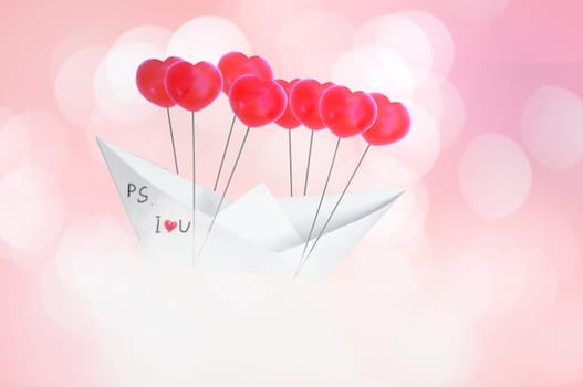 Paper boat with red heart shape balloon  flying on Blue sky and clouds. Concept Valentine's day , Sweet dream