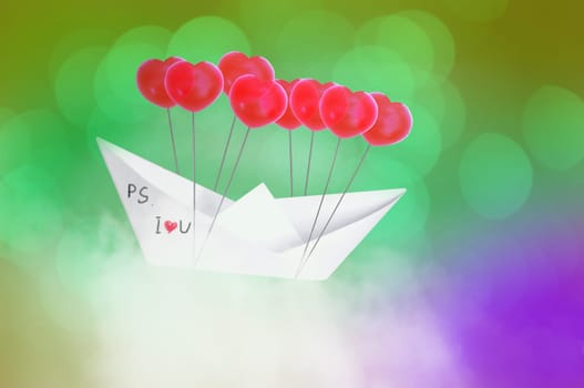 Paper boat with red heart shape balloon  flying on Blue sky and clouds. Concept Valentine's day , Sweet dream