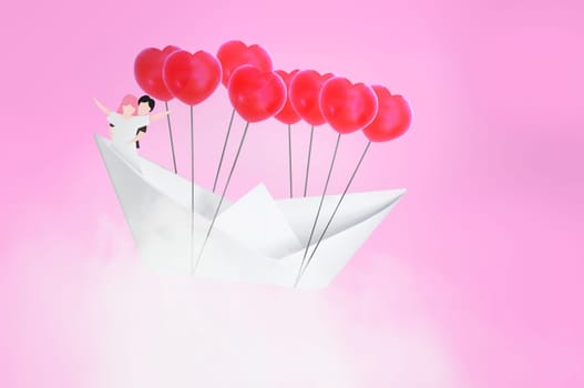 Paper boat with red heart shape balloon  flying on Blue sky and clouds. Concept Valentine's day , Sweet dream