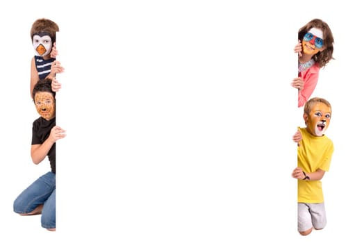 Children's group with animal face-paint isolated in white