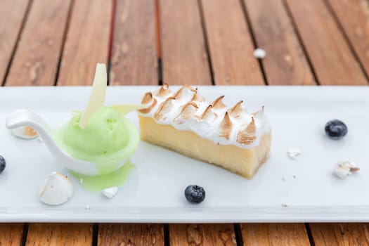 Dessert - Cheesecake with lime sherbet ice cream