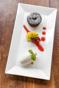 Chocolate fondant lava cake with Icecream and fresh fruit
