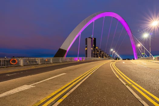 Clyde Arc Bridge along River Clyde Sunset twilight at Glasgow city Scotland UK.