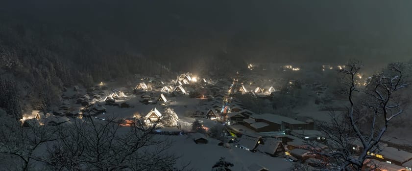 Winter Landscape of Shirakawago light-up with Snowfall Gifu Chubu Japan Panorama