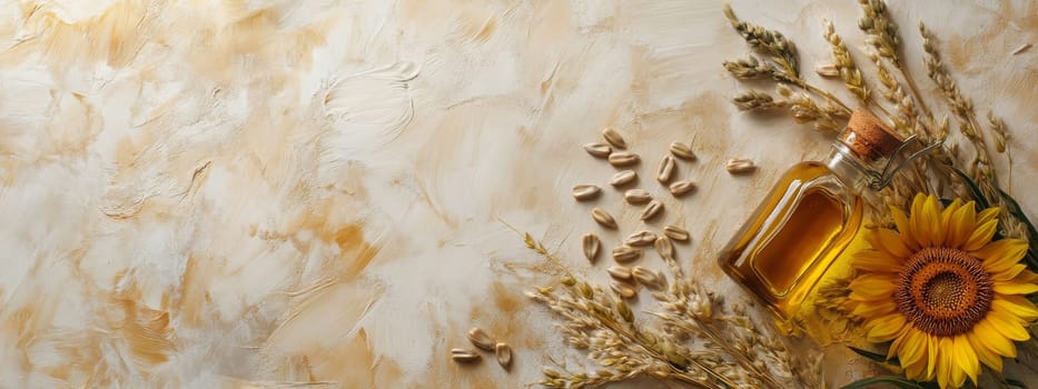 Sunflower oil extract in small bottle on wooden table, Generative AI, food