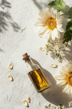 Sunflower oil extract in small bottle on wooden table, Generative AI, food