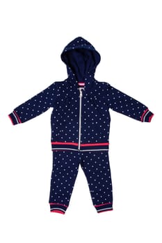 Sport suit isolated. Beautiful sport suit with hood for child girl isolated on a white background. Children sport fashion.