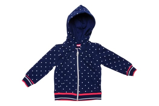 Kids jacket isolated. A stylish fashionable dark blue jacket with white dots and blue lining for the little girl. A sport jacket with hood for jogging isolated on white. Children sport fashion.