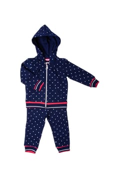 Sport suit isolated. Beautiful sport suit with hood for child girl isolated on a white background. Children sport fashion.
