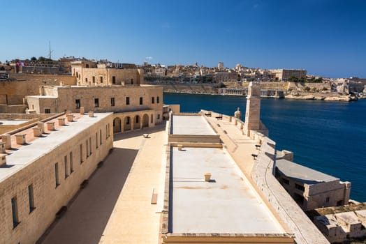 Sant Angelo Fort in Birgu, Malta looking across the Grand Harbor at Valletta