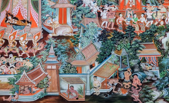 Suphanburi, Thailand - January 31, 2014 : Buddhist temple mural painting (The life of Buddha) inside of Wat Sampasiw in Suphan Buri, Thailand