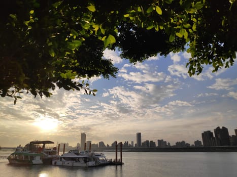 Taipei Dadaocheng Ferry Terminal, Taiwan - June 14, 2019 : The beautiful Dadao Wharf is located along the Danshui River. At sunset, it attracts many tourists to enjoy the sunset.